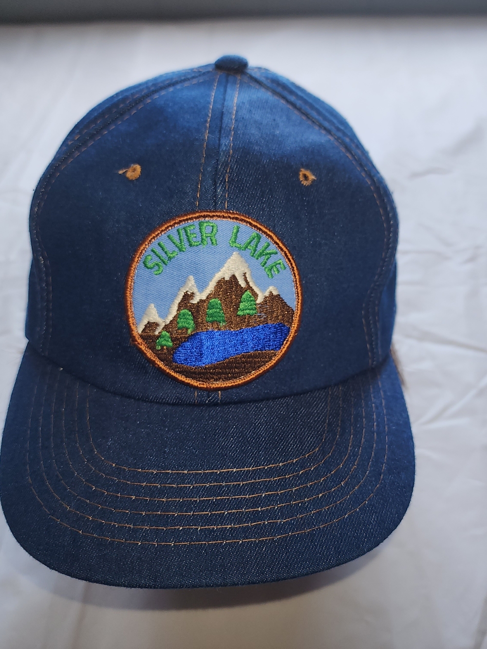 Silver Lake Embroidered Patch Navy Denim Blue Trucker Hat